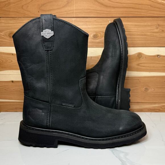 Harley Davidson Men's Altman D93563 Black Leather Waterproof Biker Boots Sz 8.5M - Picture 1 of 15